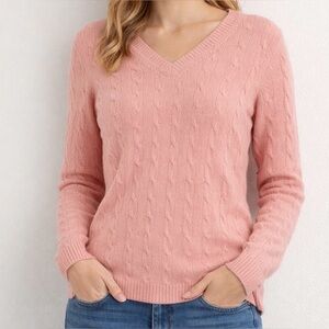 Pink Cashmere Vintage Cable Knit V-Neck Sweater Charter Club Small